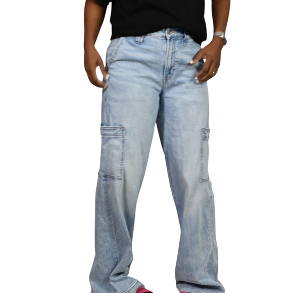 American Eagle High Waist Baggy Jeans Blue Wide Cargo Light Wash Cotton Blend 0 - Picture 10 of 16